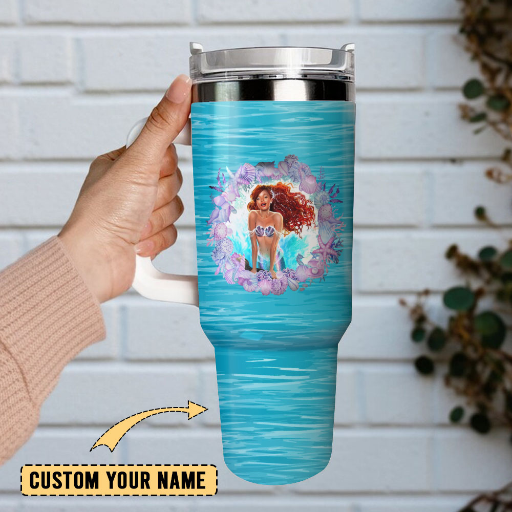 Ariel Little Mermaid Disney Cartoon Custom Quencher 30oz or 40oz Stainless Steel Tumbler With Handle, Best gifts for Friend Family NVA