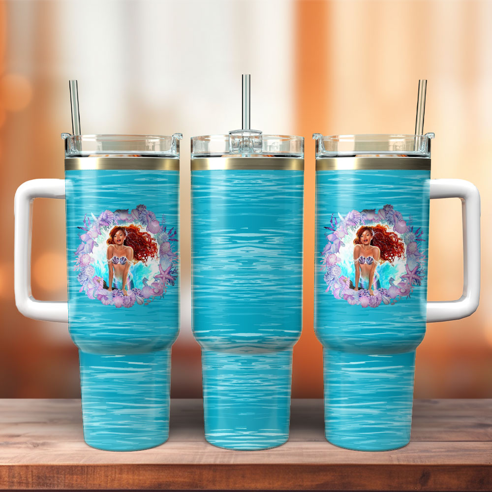 Ariel Little Mermaid Disney Cartoon Custom Quencher 30oz or 40oz Stainless Steel Tumbler With Handle, Best gifts for Friend Family NVA