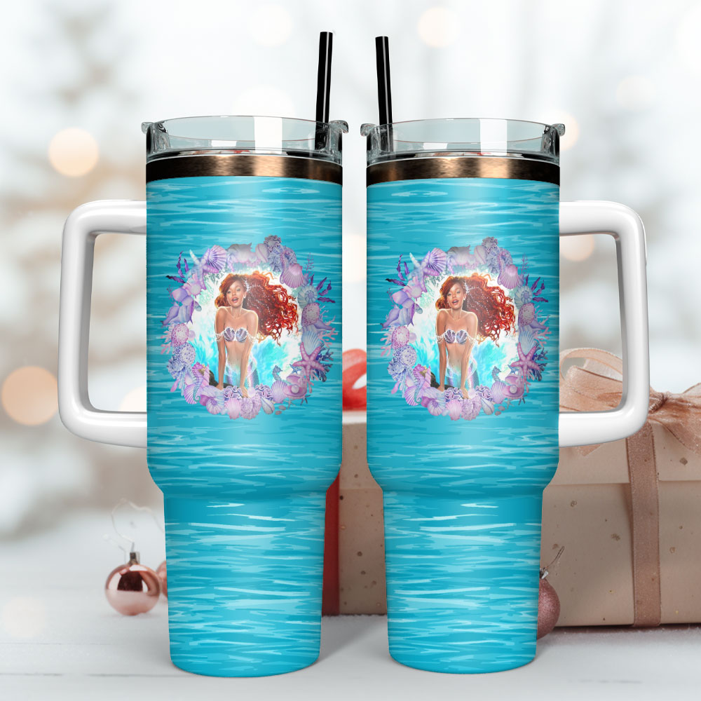 Ariel Little Mermaid Disney Cartoon Custom Quencher 30oz or 40oz Stainless Steel Tumbler With Handle, Best gifts for Friend Family NVA