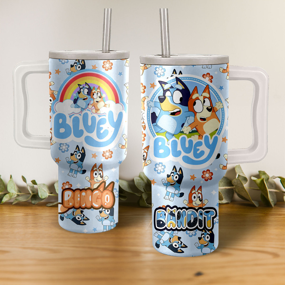 Bandit and Bingo Heeler Blu3y Cartoon Custom Quencher 30oz or 40oz Stainless Steel Tumbler With Handle HG