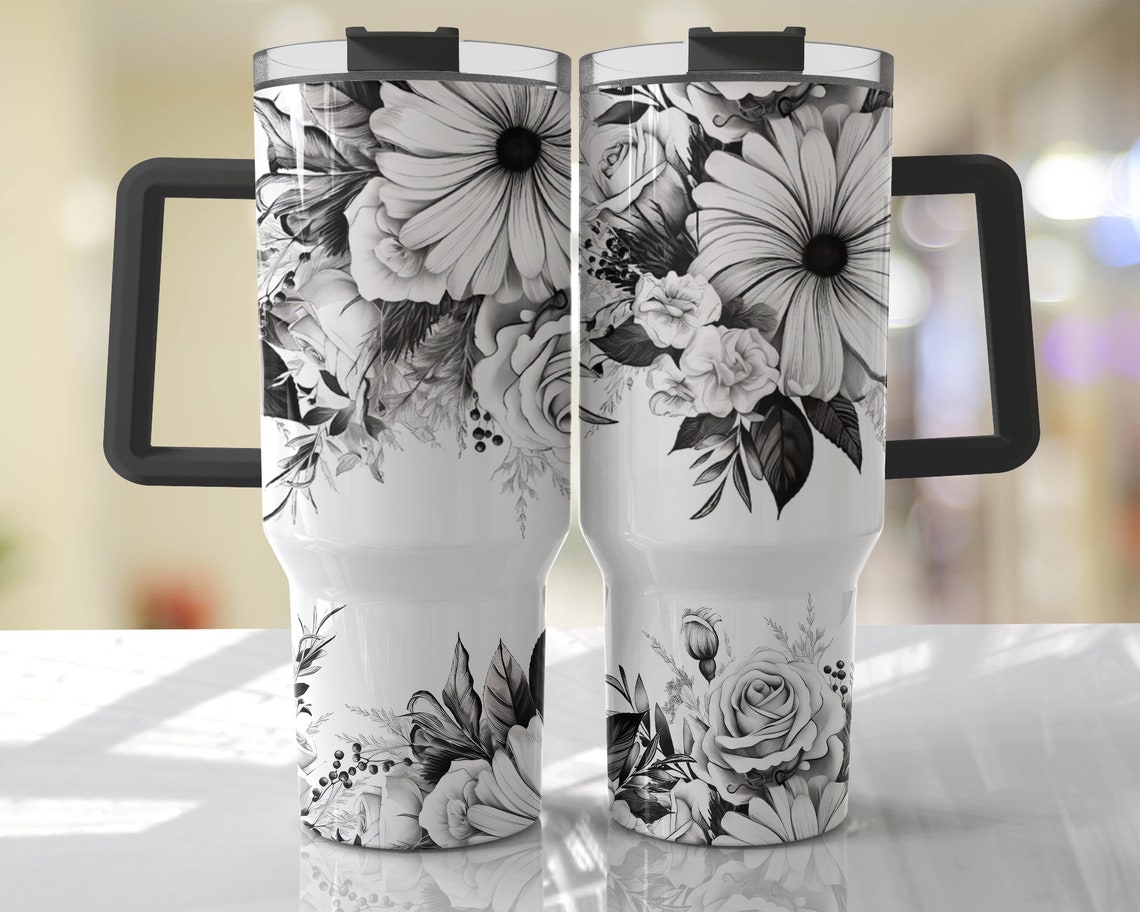 Black and White Floral Seamless 30oz or 40oz Tumbler HG