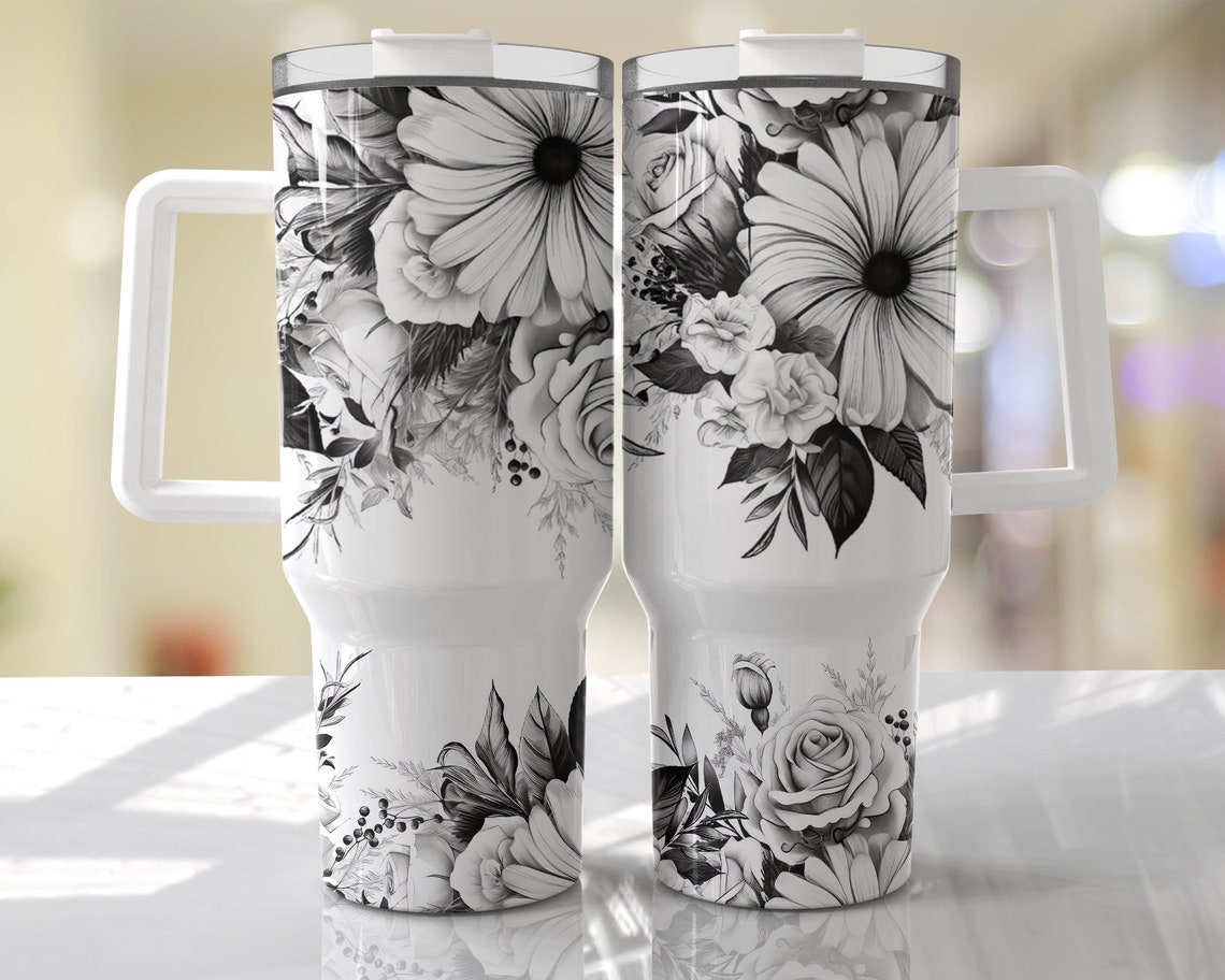 Black and White Floral Seamless 30oz or 40oz Tumbler HG