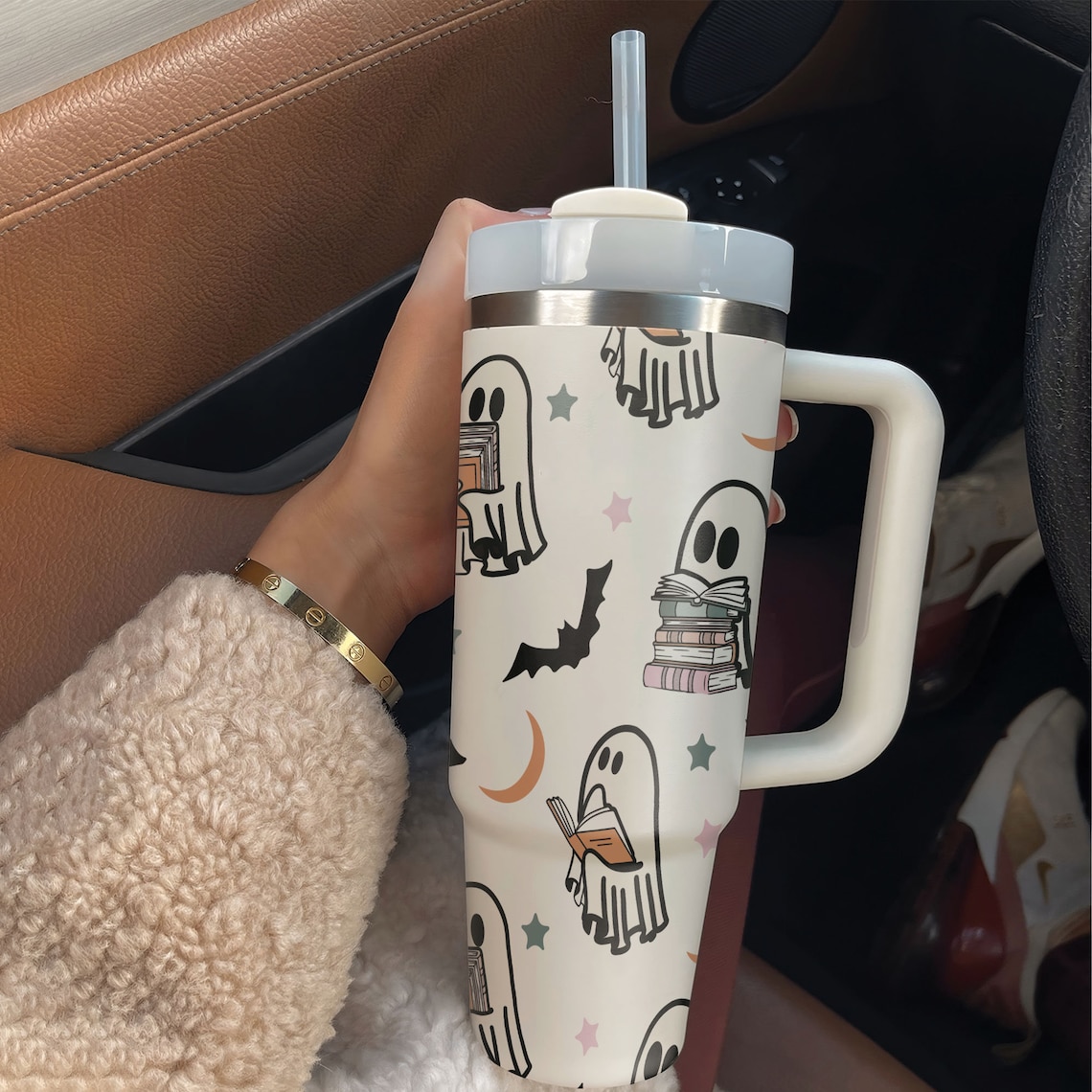 Ghost Reading Tumbler 30oz or 40oz With Handle, Funny Halloween Ghost , Cute Spooky Halloween Bookish 30oz or 40oz Bottle HG