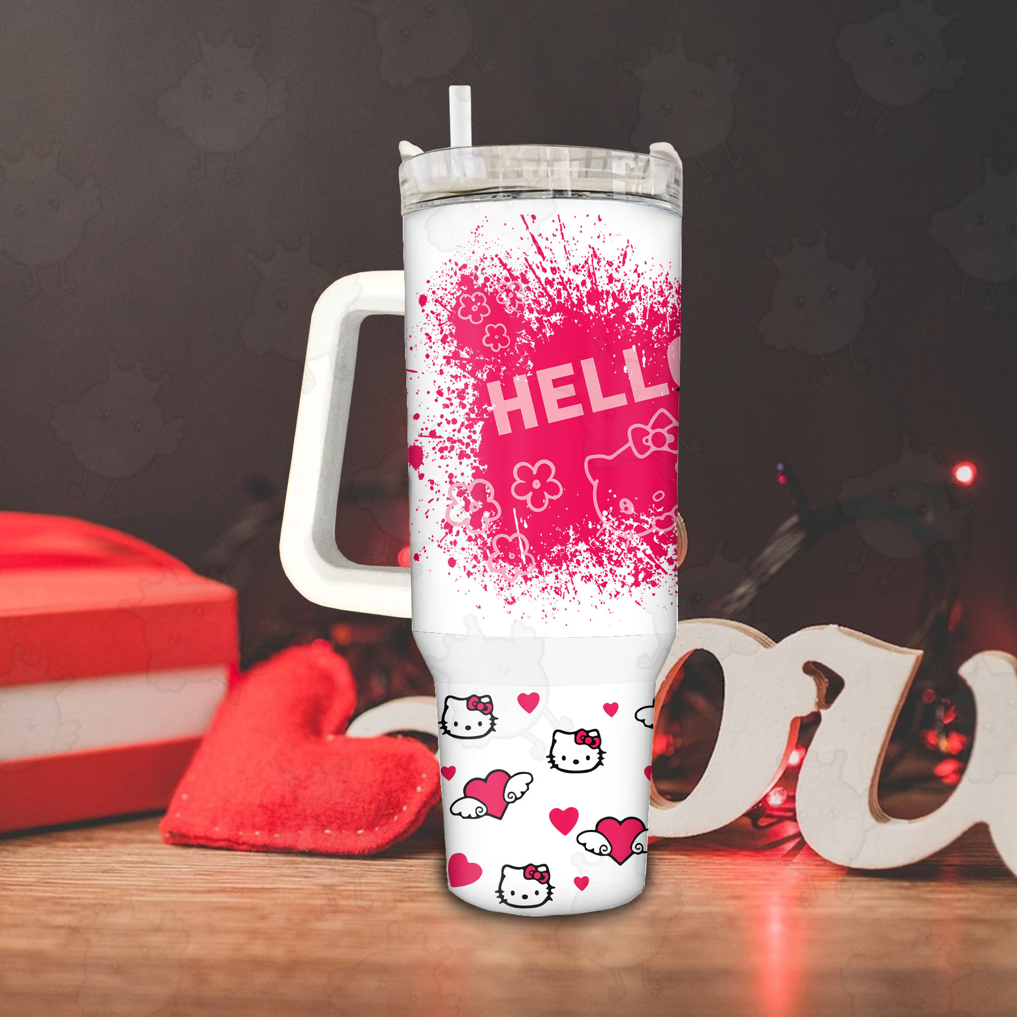 Valentine Hello Kitty Love 30oz or 40oz Tumbler with Handle, Birthday Anniversary Tumbler Gift HFN