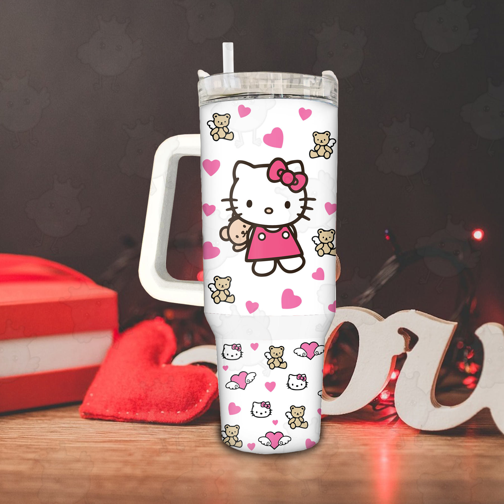 Valentine Cartoon Hello Kitty Teddy 30oz or 40oz Tumbler, Gift Valentine Tumbler, Valentine Movie 40oz Quencher Tumbler Fan Gift HFN