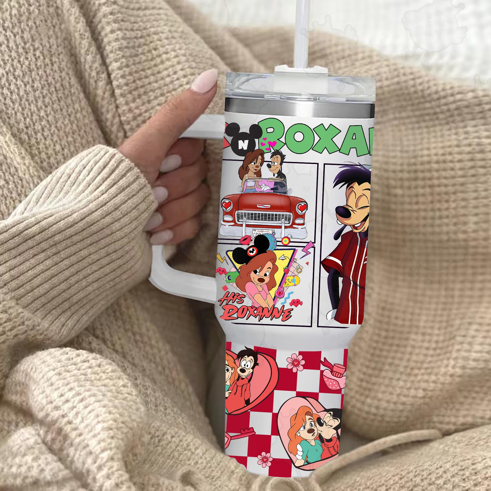 Valentine Couple Max and Roxanne Love Story 30oz or 40oz Tumbler, Pink Valentine 40oz Quencher Tumbler with Handle, Valentine Movies Goofy Fan Gift HFN