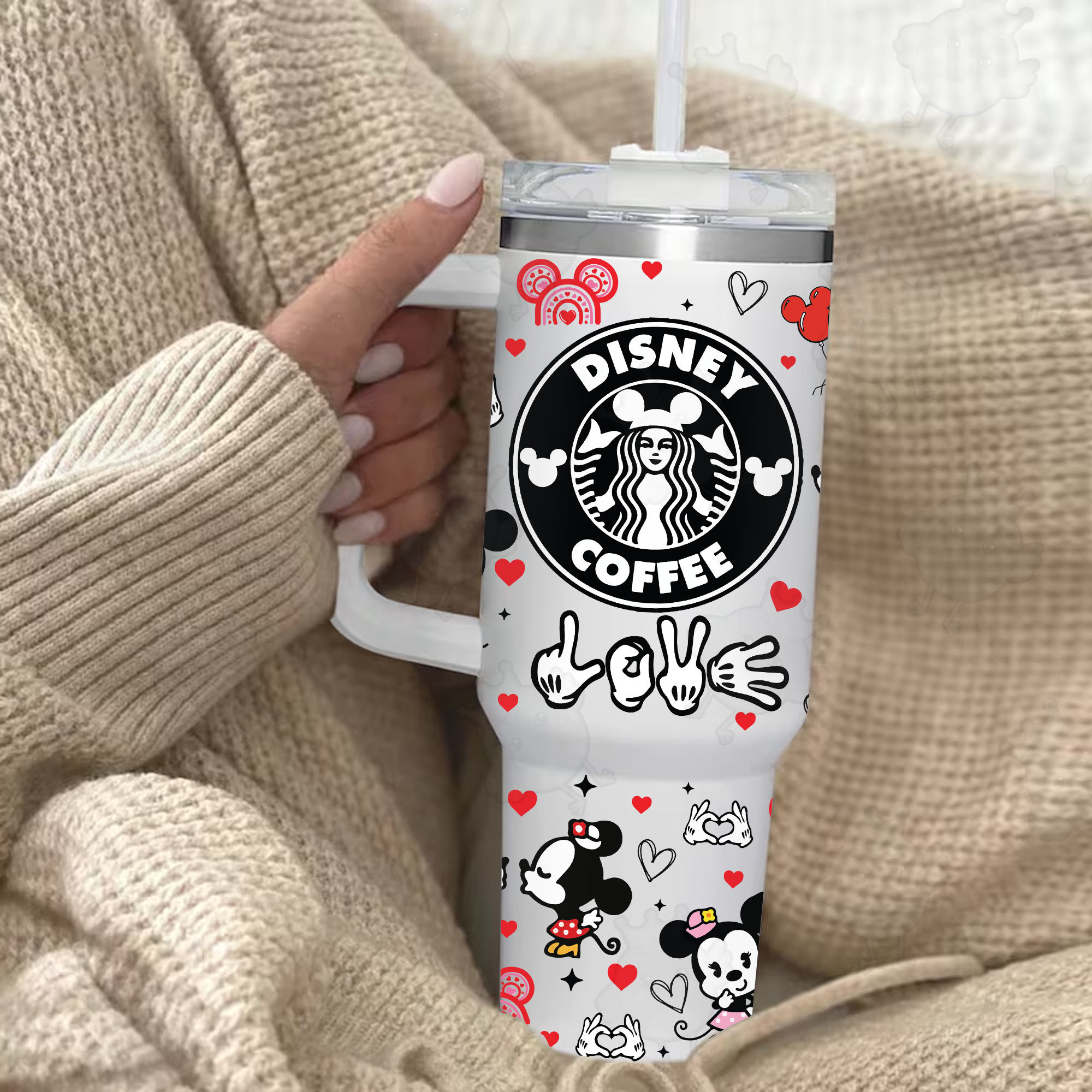 Glitter Disney Coffee Mickey and Minnie Valentine 30oz or 40oz Cartoon Quencher Tumbler with Handle, Birthday Anniversary Tumbler Gift, Cartoon Character Tumbler, Magic World Tumbler HFN