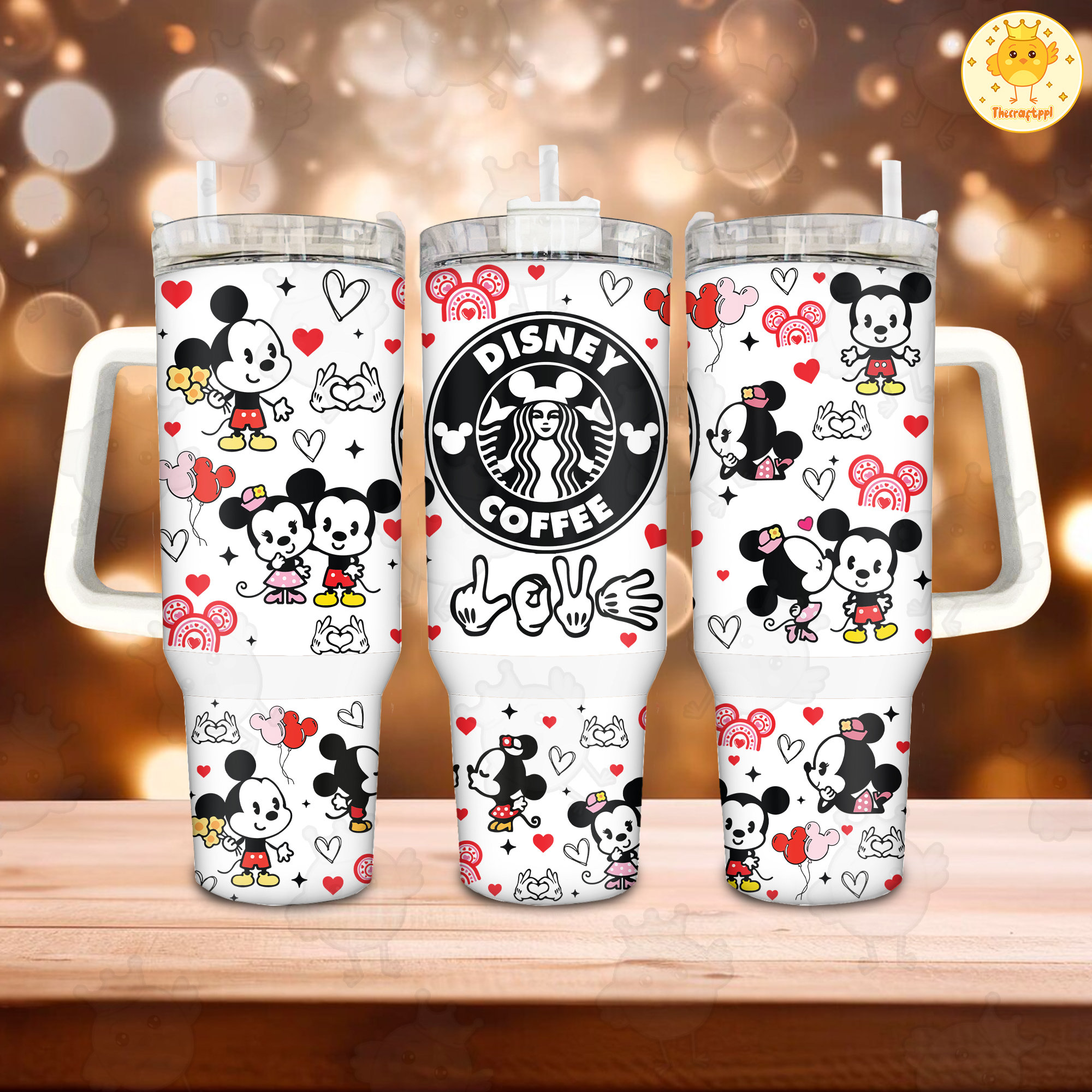 Glitter Disney Coffee Mickey and Minnie Valentine 30oz or 40oz Cartoon Quencher Tumbler with Handle, Birthday Anniversary Tumbler Gift, Cartoon Character Tumbler, Magic World Tumbler HFN