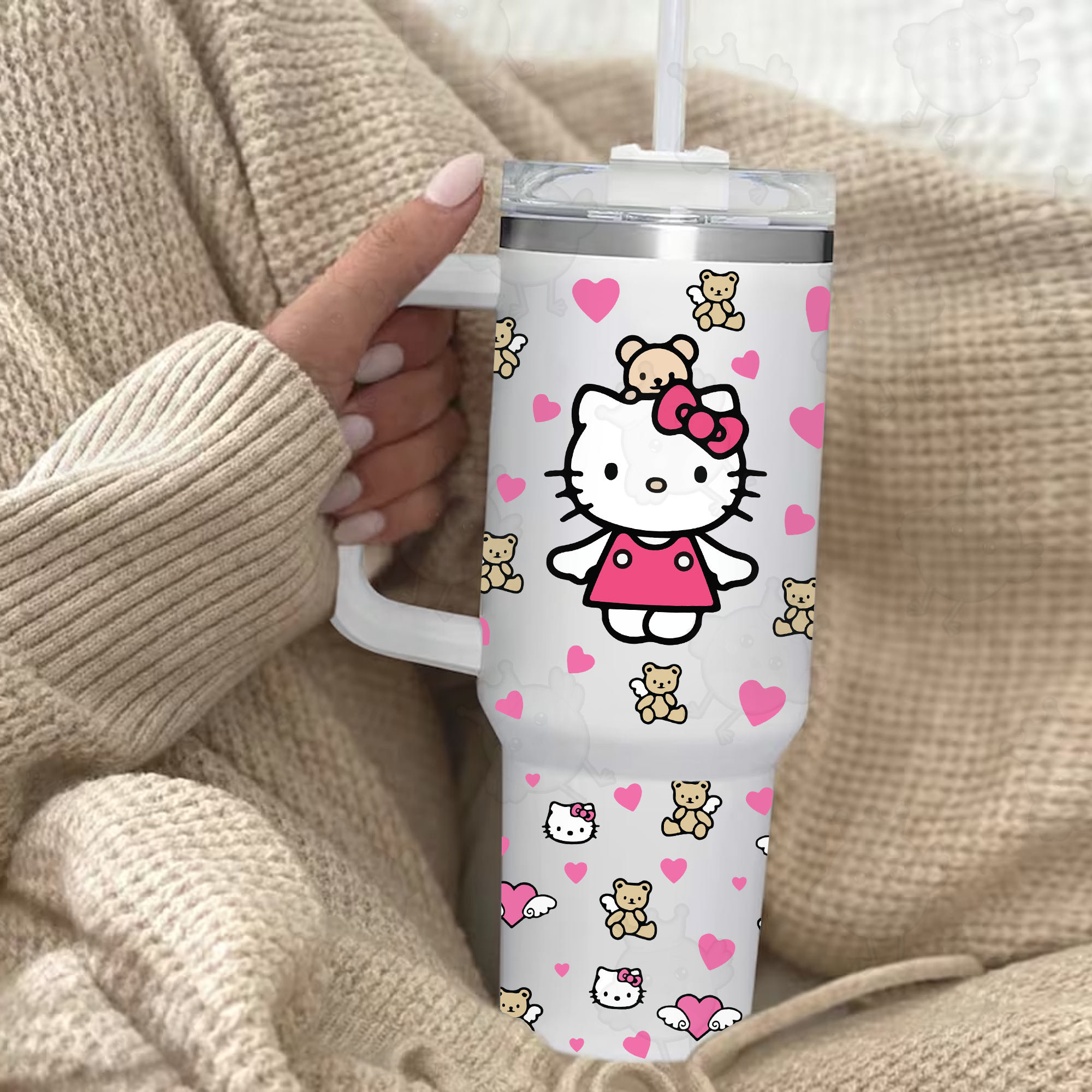 Valentine Cartoon Hello Kitty Teddy 30oz or 40oz Tumbler, Gift Valentine Tumbler, Valentine Movie 40oz Quencher Tumbler Fan Gift HFN