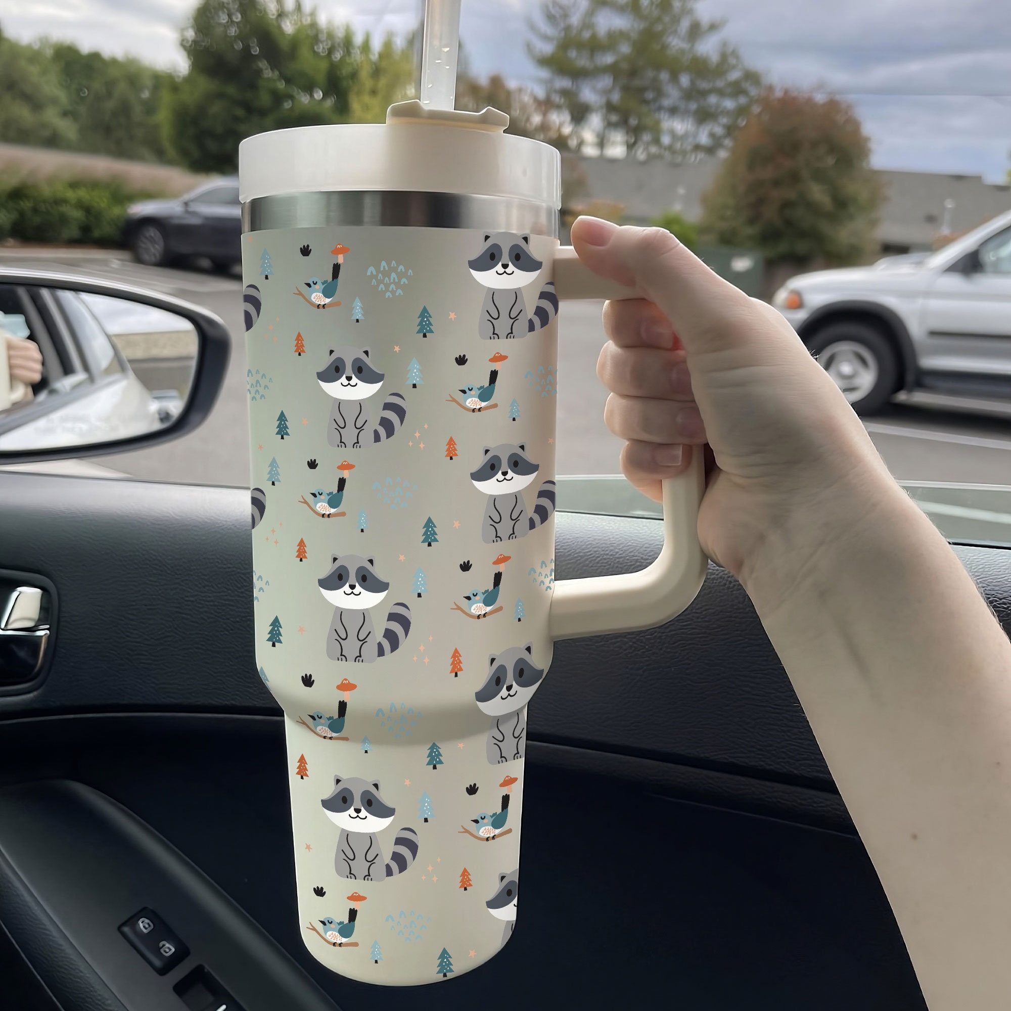 Bird Racoon Tumbler 30oz or 40oz With Handle, Forest Pattern 30oz or 40oz Tumbler, Woodland Animal Tumbler 30oz or 40oz, Stainless Steel Tumbler, Insulated Tumbler HFN