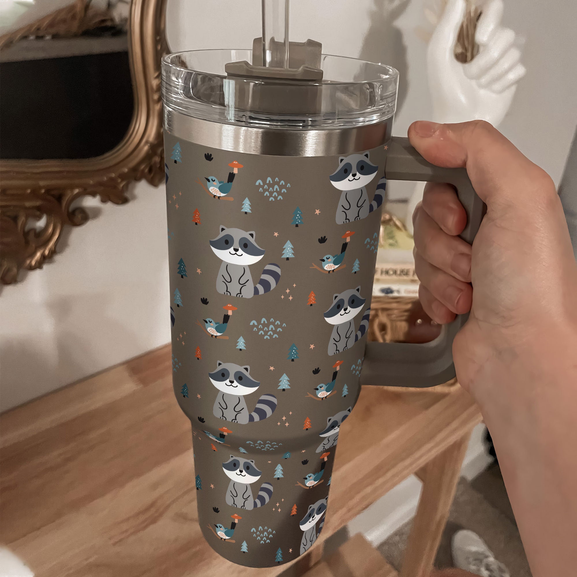 Bird Racoon Tumbler 30oz or 40oz With Handle, Forest Pattern 30oz or 40oz Tumbler, Woodland Animal Tumbler 30oz or 40oz, Stainless Steel Tumbler, Insulated Tumbler HFN