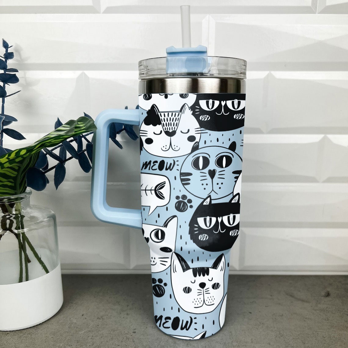 Meow Cat Tumbler 30oz or 40oz With Handle, Cat Pattern 40oz Tumbler, Cat Mom, Cat Lover Tumbler 30oz or 40oz, Stainless Steel Tumbler, Insulated Tumbler HFN