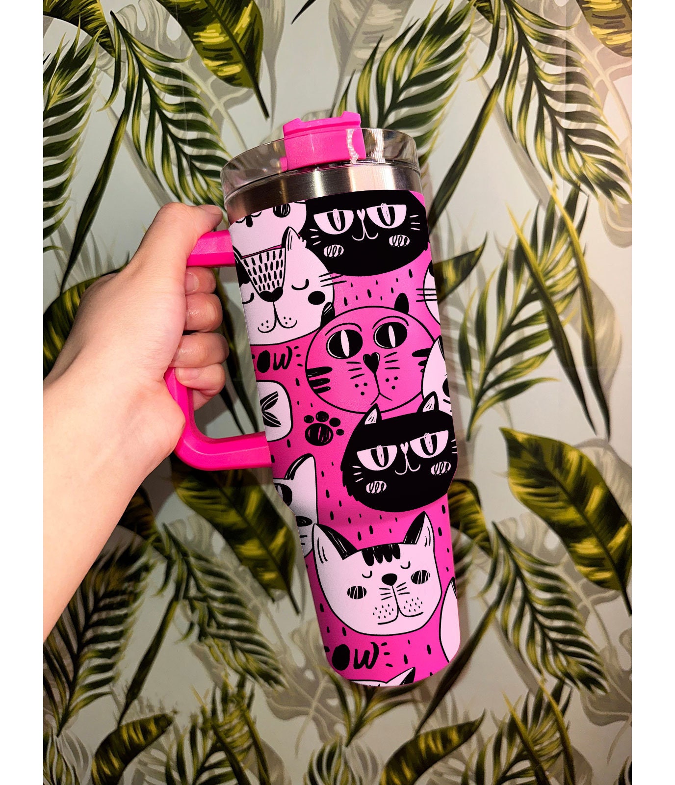 Meow Cat Tumbler 30oz or 40oz With Handle, Cat Pattern 40oz Tumbler, Cat Mom, Cat Lover Tumbler 30oz or 40oz, Stainless Steel Tumbler, Insulated Tumbler HFN