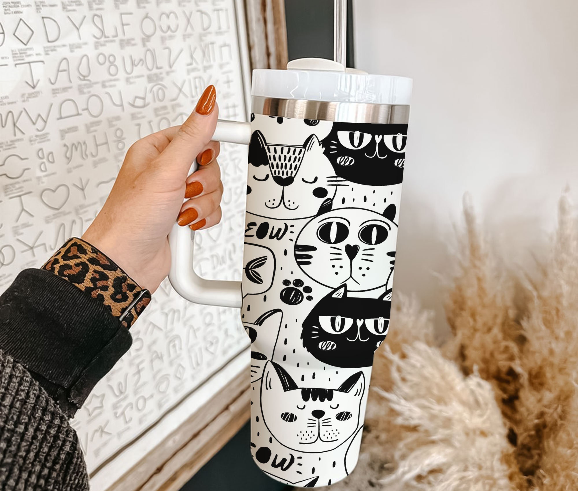 Meow Cat Tumbler 30oz or 40oz With Handle, Cat Pattern 40oz Tumbler, Cat Mom, Cat Lover Tumbler 30oz or 40oz, Stainless Steel Tumbler, Insulated Tumbler HFN