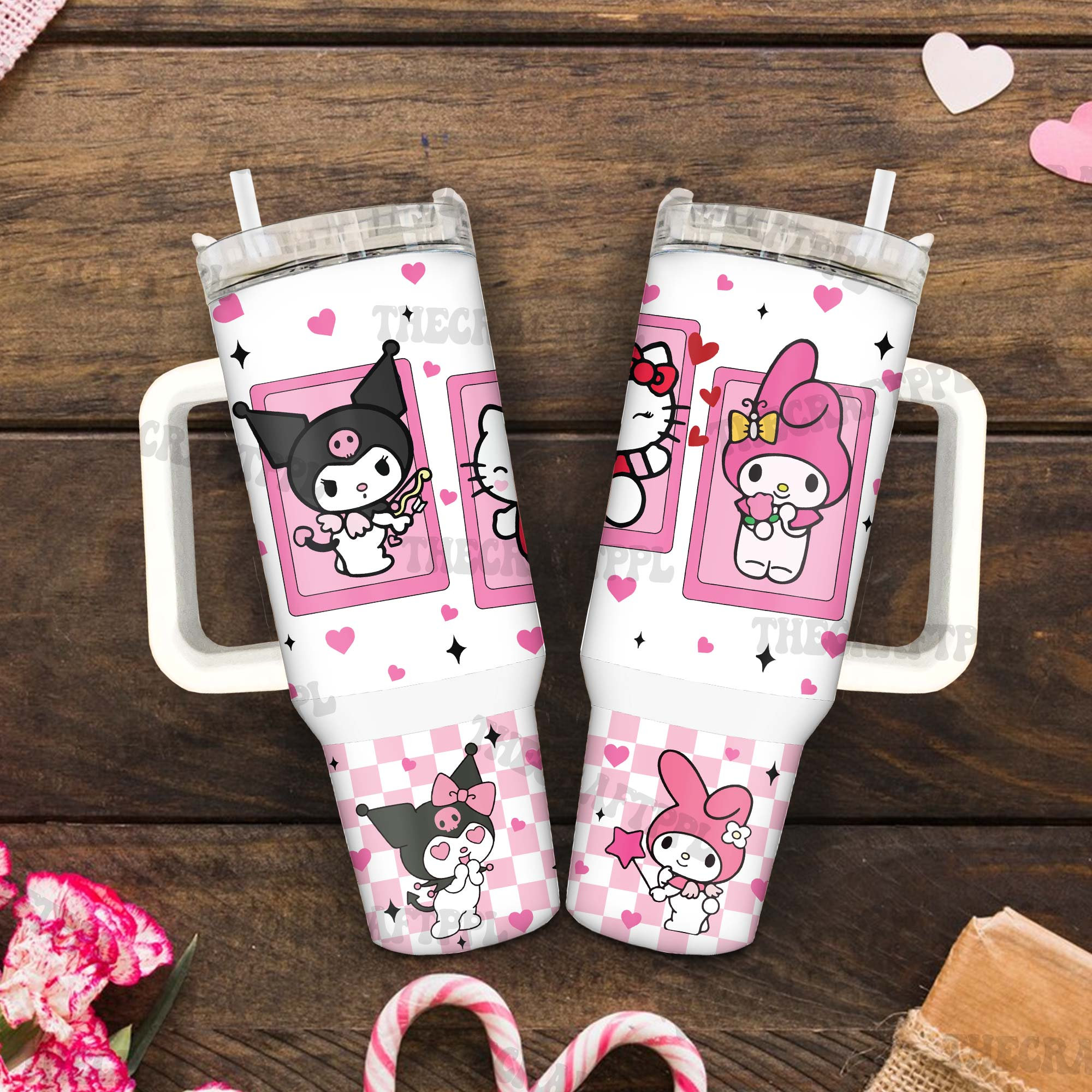 Kuromi Kitty Melody Hello Kitty Friends 30oz or 40oz Tumbler with Handle, Hello Kitty Fan Gift, Birthday Anniversary Tumbler Gift HFN
