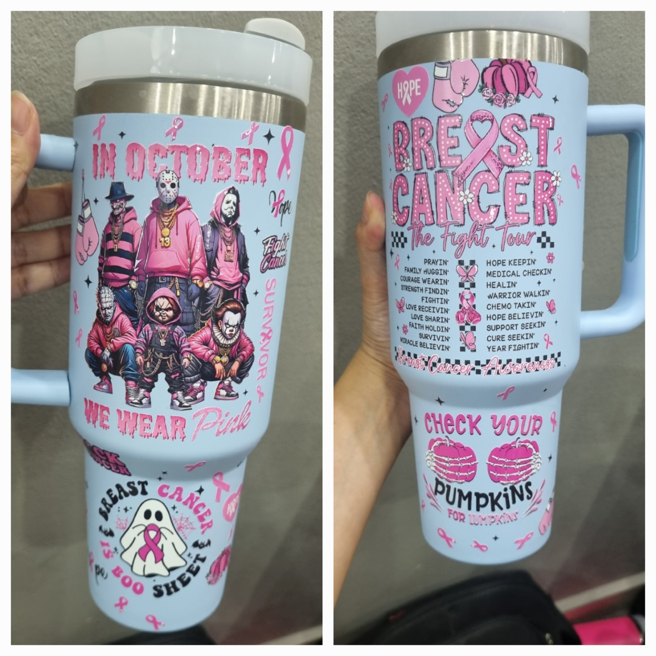 Breast Cancer Horror Movies Custom 40oz Stainless Steel Tumbler With Handle HG