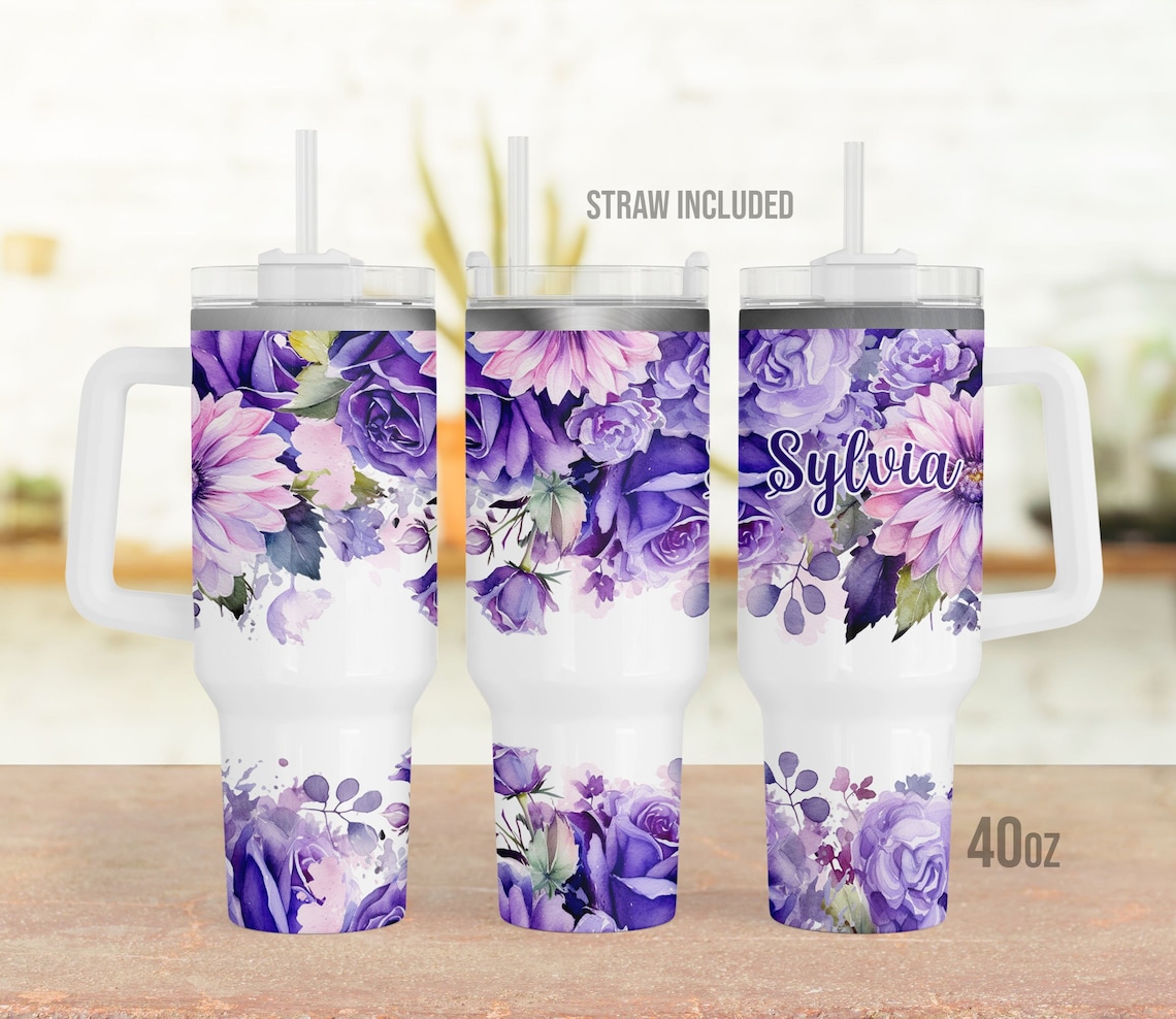 Purple Flowers Personalized Floral 30oz or 40oz Tumbler with Handle, Gift for Her HG