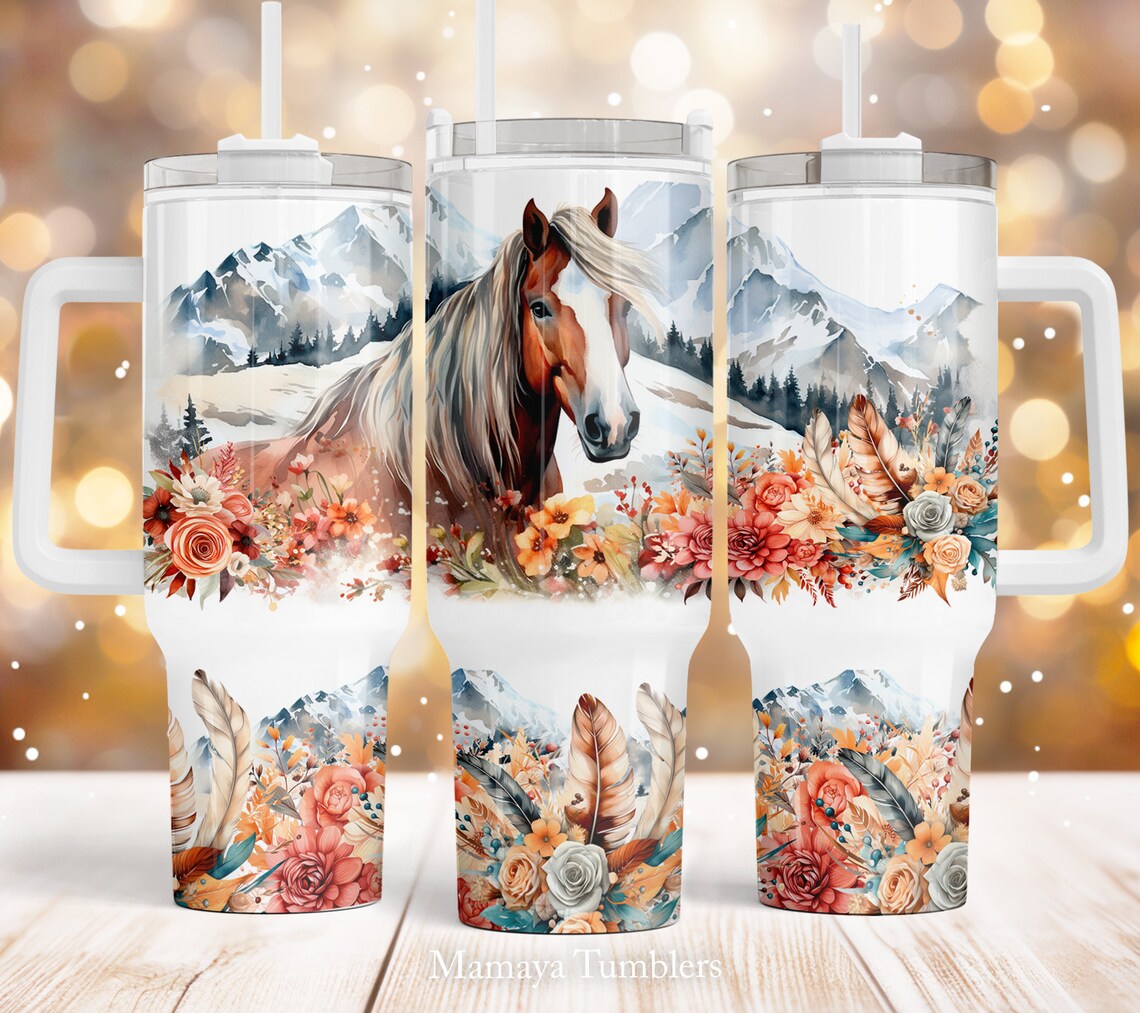 Horse 30oz or 40oz Quencher Tumbler Gift For Her Him Birthday Gift LN Mountain landscap Boho Flowers Waterslide