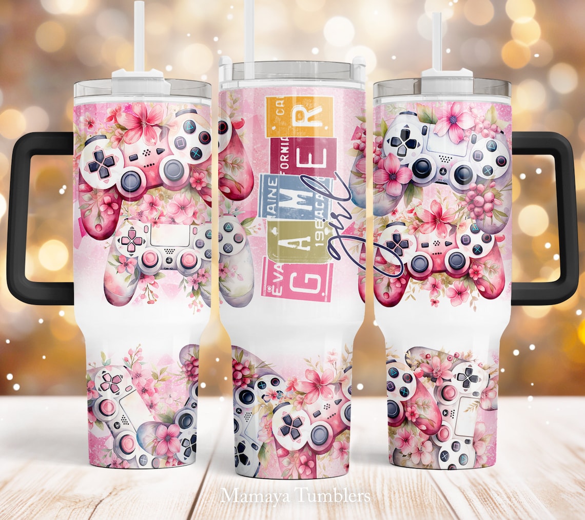 Gamer girl 30oz or 40oz Quencher Tumbler Gift For Her Him Birthday Gift LN Flowers Video game controller Waterslide