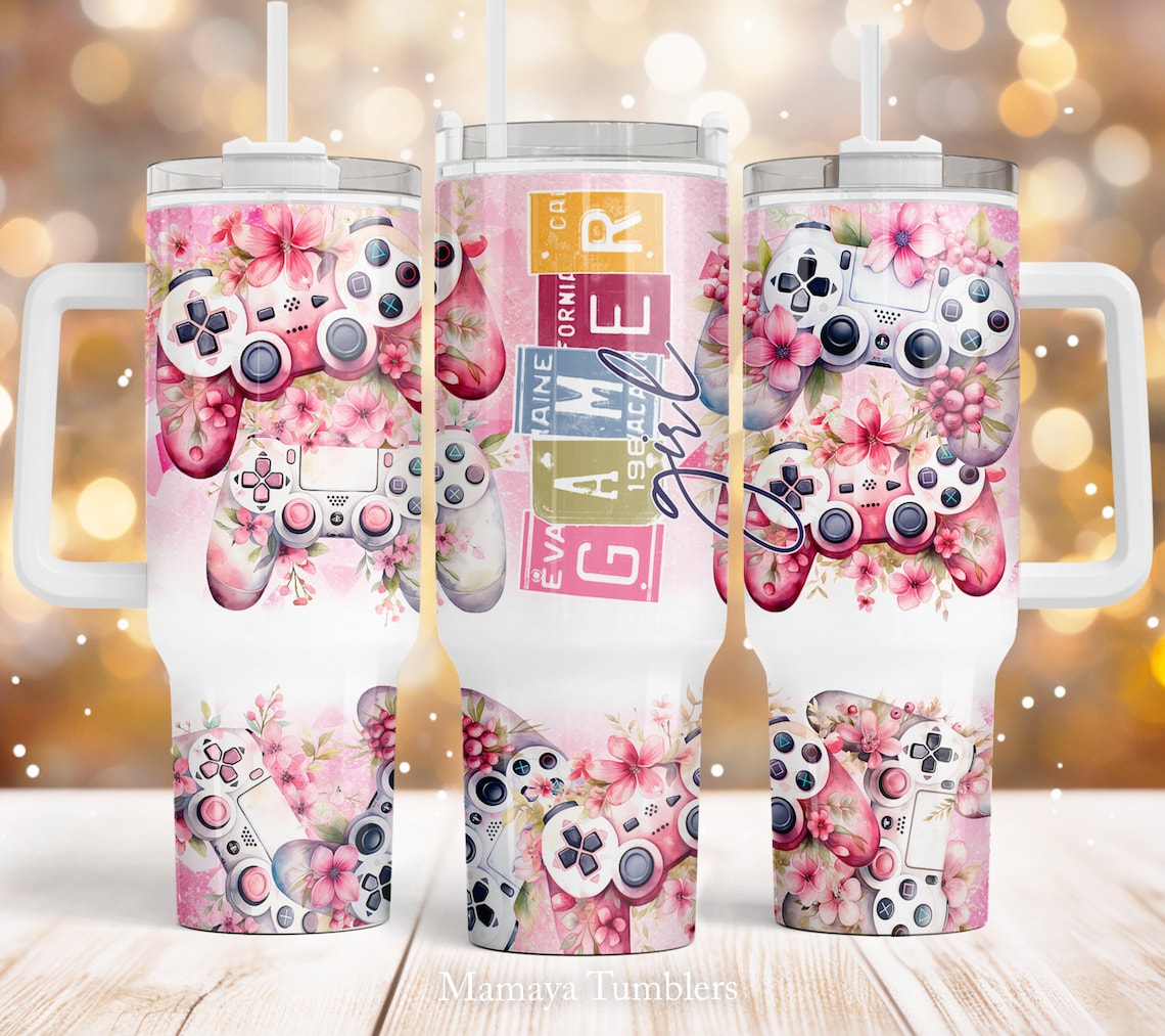 Gamer girl 30oz or 40oz Quencher Tumbler Gift For Her Him Birthday Gift LN Flowers Video game controller Waterslide