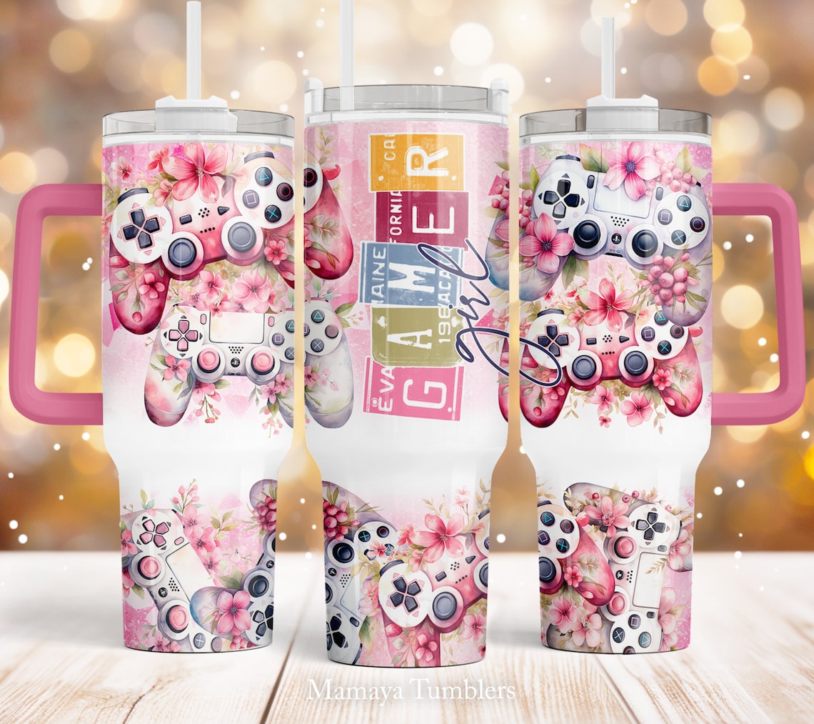 Gamer girl 30oz or 40oz Quencher Tumbler Gift For Her Him Birthday Gift LN Flowers Video game controller Waterslide