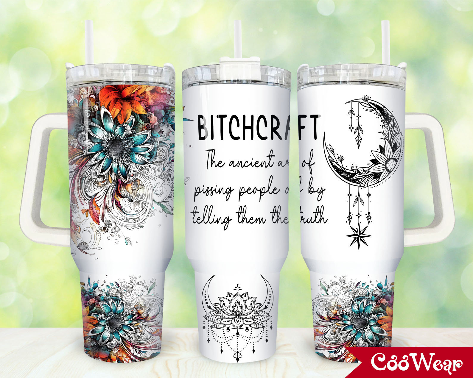 Bitchcraft Boho Moon and Flowers Magic and Celestial 30oz or 40oz Tumbler with Handle, Birthday Anniversary Tumbler Gift HFN